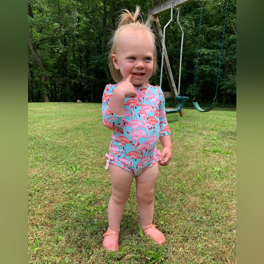 Flamingo Ruffle Butts Rashguard Swimsuit